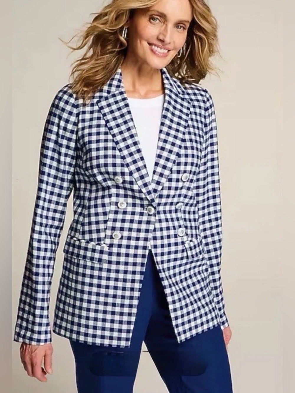 J. Jill Blue White Gingham Check Blazer Linen Blend Stretch Size XL Tall Career